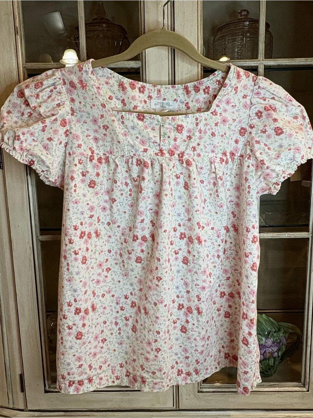 Amelia’s Collection 100% Cotton White Top w/ Pink Floral Print and Puff Sleeves